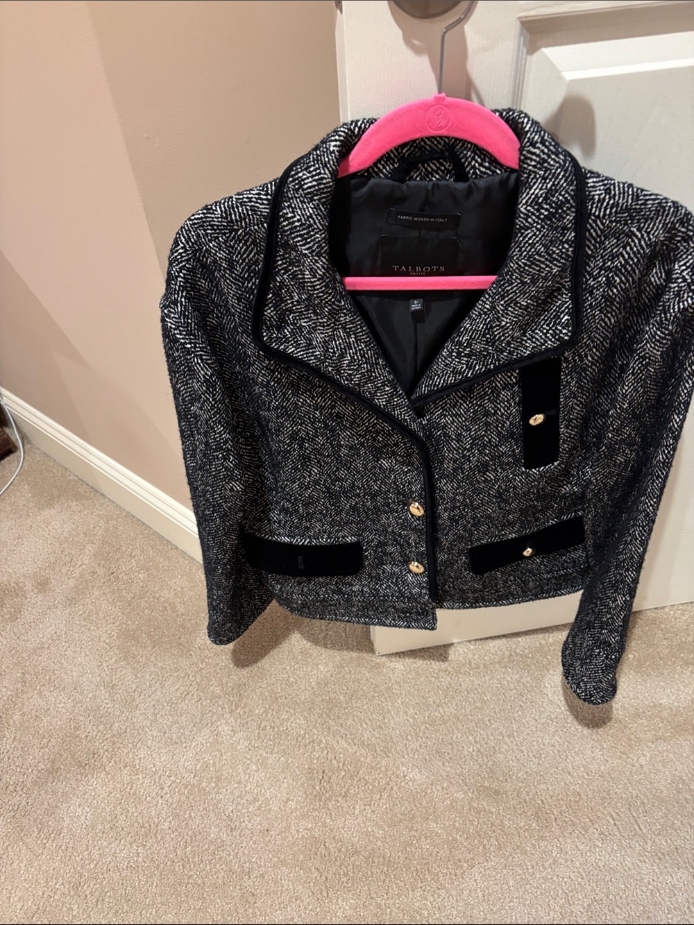 Talbots Black and White Tweed Velvet-Trim Cropped Blazer